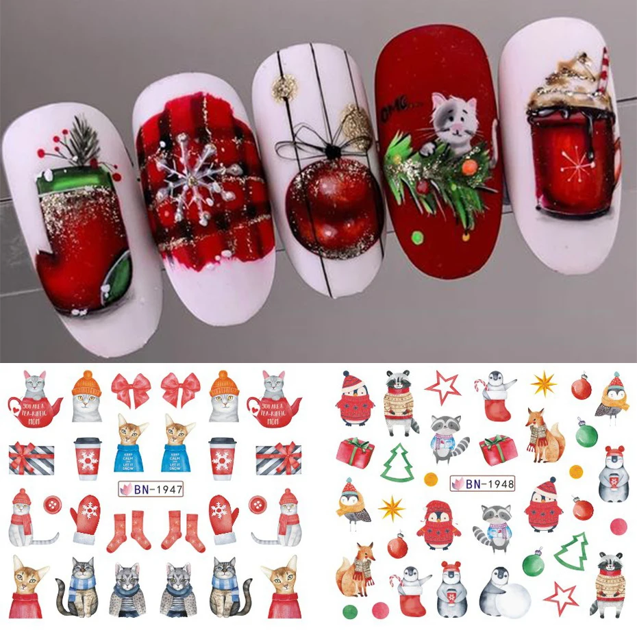 12pcs Cute Penguin Winter Nail Stickers uccelli Bear Cat Cartoon Animal Snowflake Sliders decalcomanie per l'acqua decorazione Xmas Tips Foils