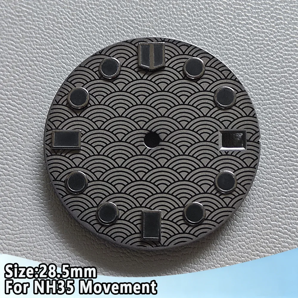 28.5mm NH35 Sea Wave Fish Scale Pattern Dial Single Calendar Green Luminous Watch Dial For NH35 Movement Watch Accessories