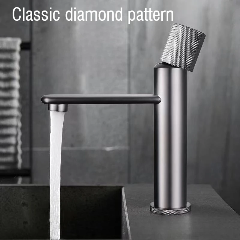High-End Hotel Bathroom All-Copper Basin Faucets Washbasin with Diamond Pattern Faucet Minimalist Design for Cold and Hot Water