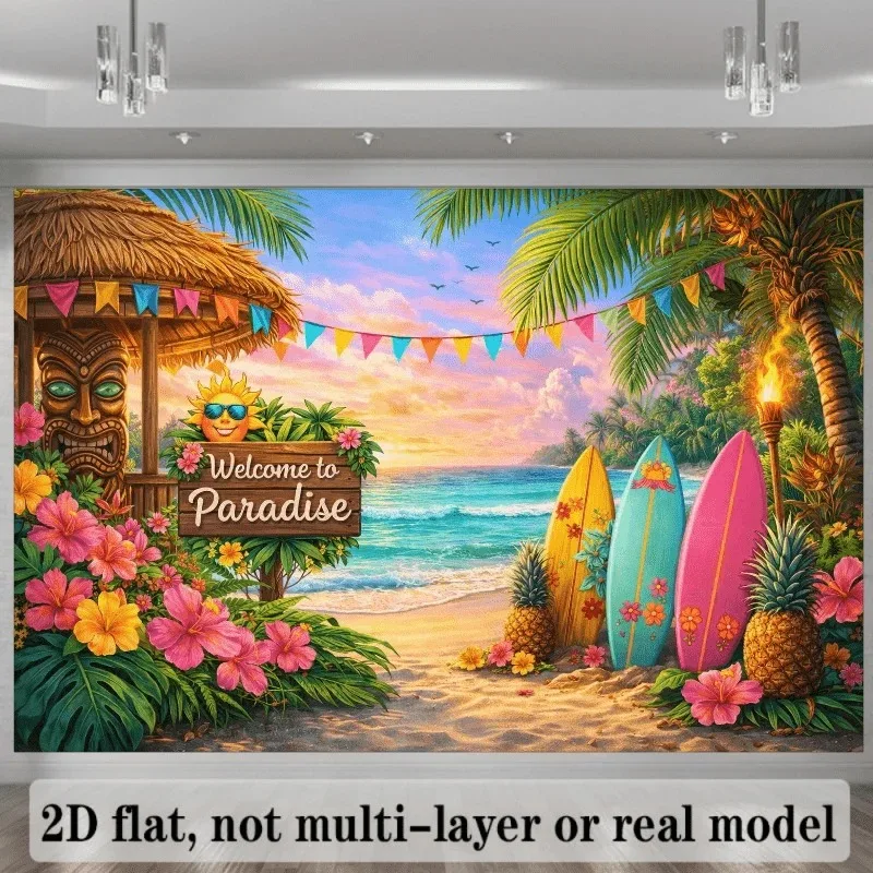 Hawaiianische Luau-Party-Kulisse, Tropischer Strandparadies-Hintergrund mit Tiki-Hütte, Surfbrettern & Ananas für Sommerpartys – Detail 5