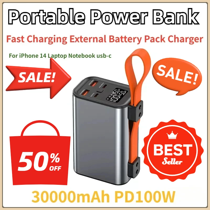 Portable Power Bank Powerbank Fast Charging External Battery Pack Charger 30000mAh PD100W for iPhone 14 Laptop Notebook usb-c