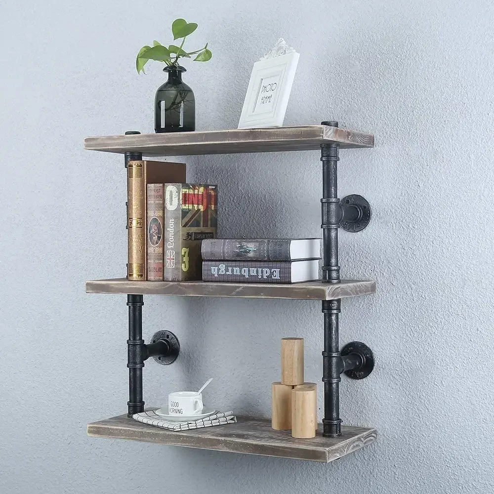 Sell like hot cakes Wall Mounted 3 Tier Rustic Metal Floating Shelves Real Wood Bookshelves Hanging Wall Shelves(24 in)