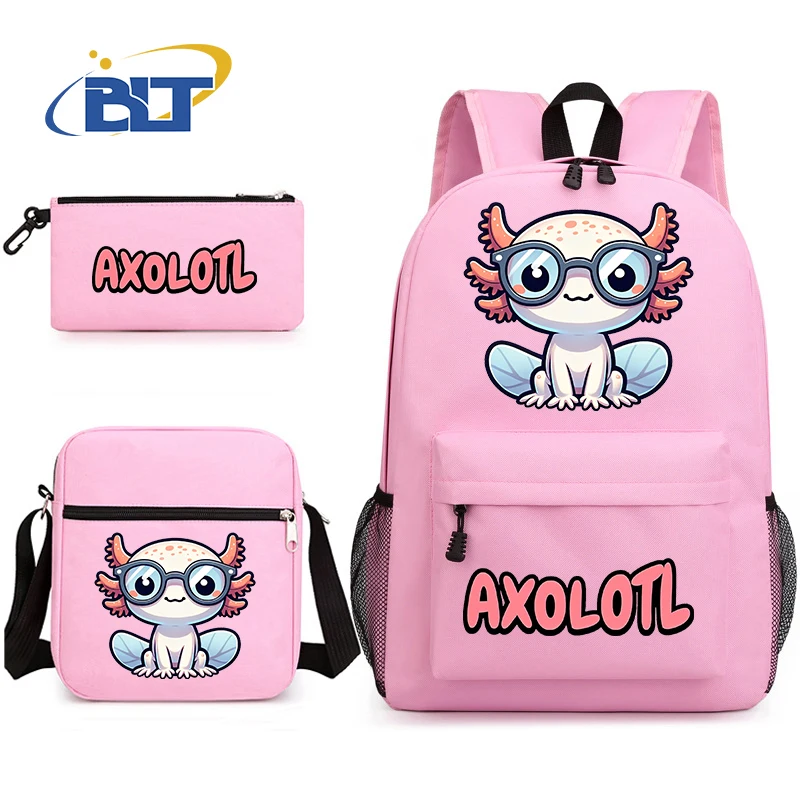 Cute Axolotl printed girls school bag set student backpack shoulder bag pencil case 3-piece set kids back-to-school gift