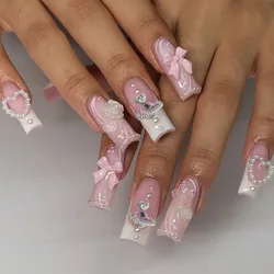 24pcs wearable Square head Ballerina french pink false nails with glue full cover fake nails press on long Acrylic Manicure Tips