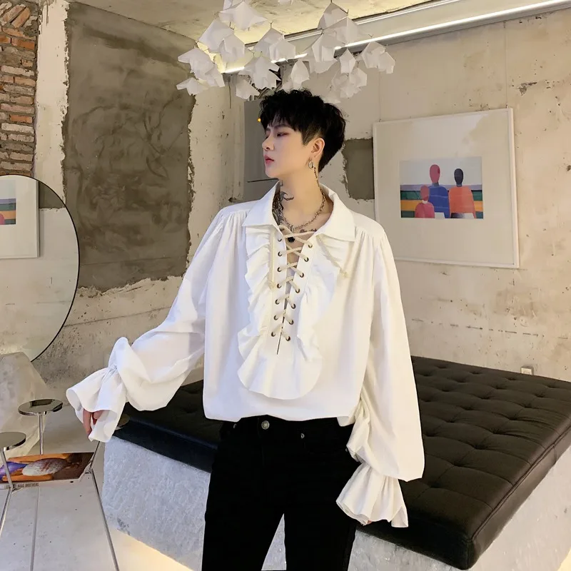 Vintage Cuff Neckline Ruffle Edge Drawstring Long Sleeve Shirt Men And Women Internet Celebrity Personalized Court Shirt