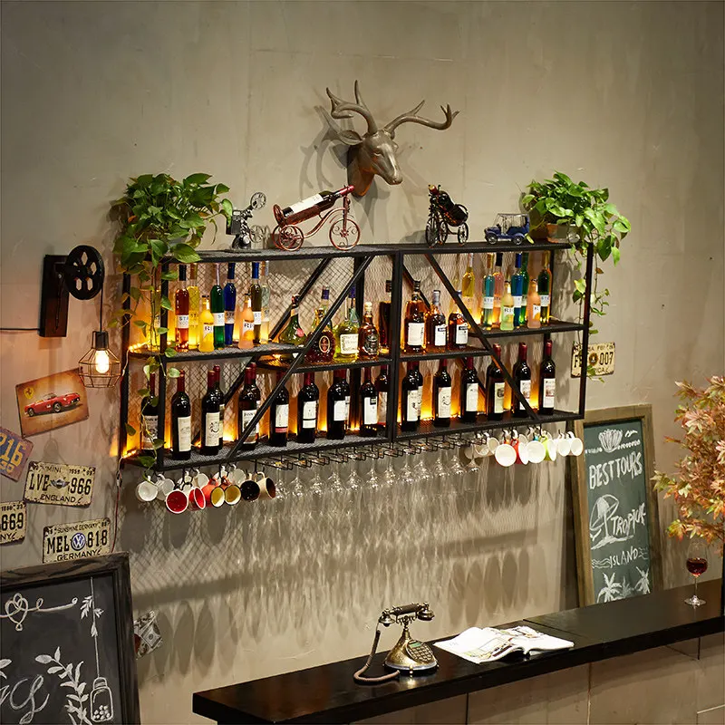 Bar background wrought iron wine rack decoration bar wall wine rack wall red wine goblet wall