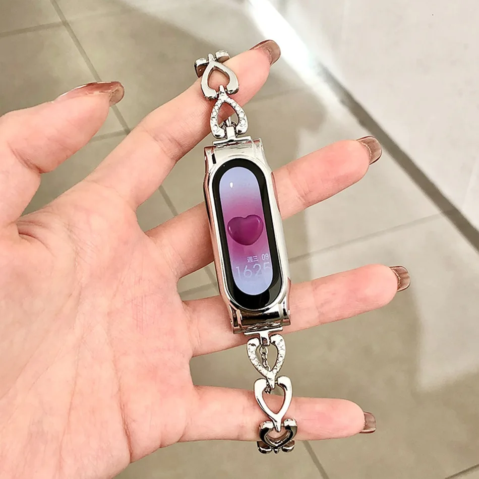 Bracelet de montre en métal pour Xiaomi Mi Band, bracelet coeur, bracelet de remplacement, sangles Correa, mode ins, 8, 7, 6, 5, 4, 3