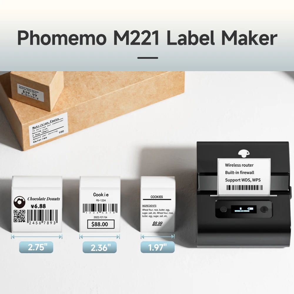 Phomemo M221 Barcode Label Printer 3 Inch Label Maker Bluetooth Thermal Printer for Business/Home Use Compatible with Phone & PC