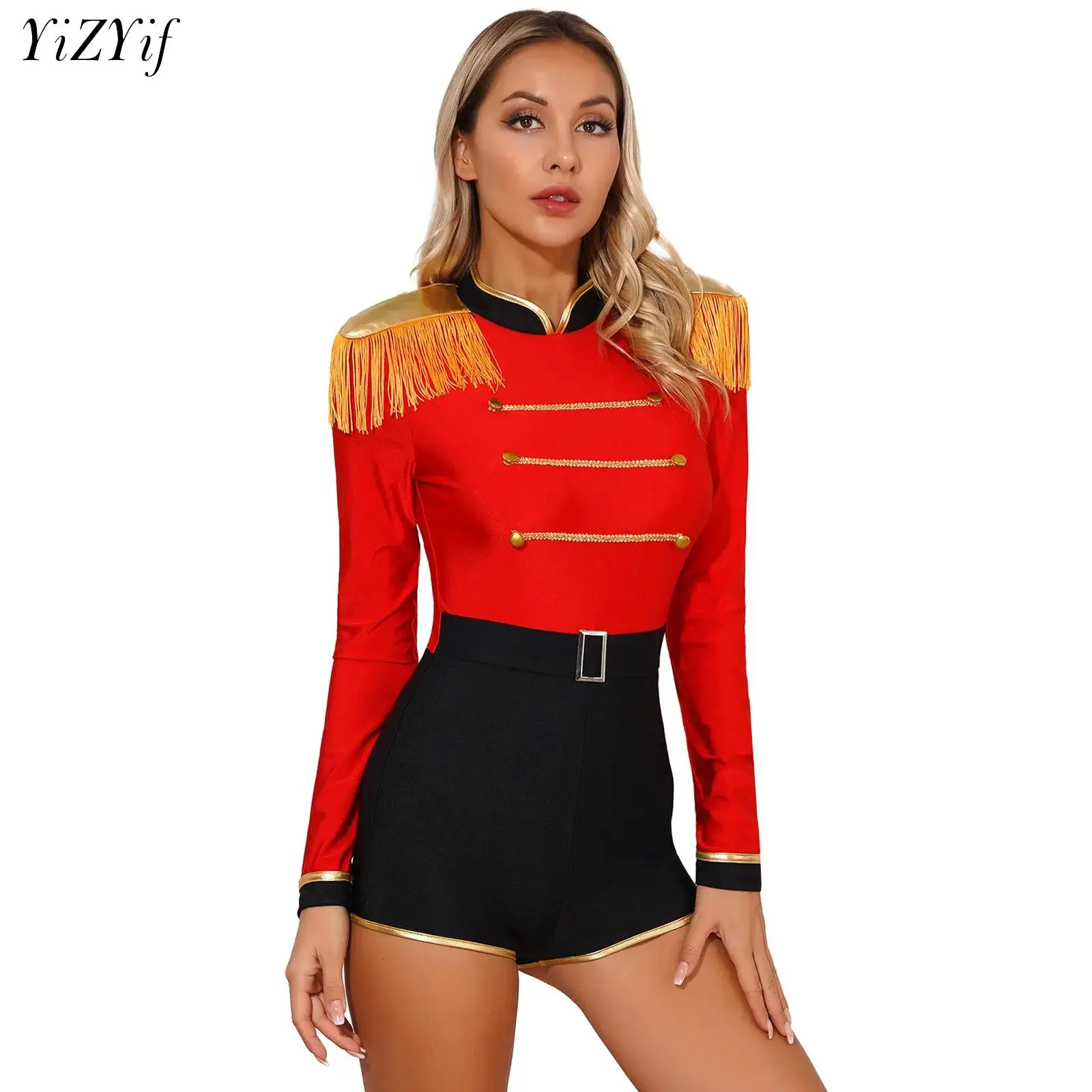 Women Circus Ringmaster Showman Cosplay Costume Long Sleeve Tassels Leotard Bodysuit for Theme Party Carnival Role Play Clubwear