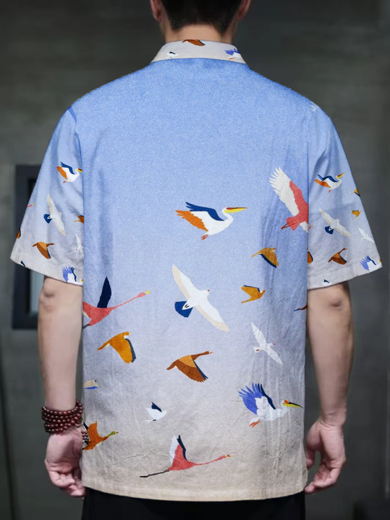 Men Chinese Style Tang Suit Short Sleeve Shirt Mandarin Collar Frog Button Colorful Crane Bird Allover Print Casual Open Front