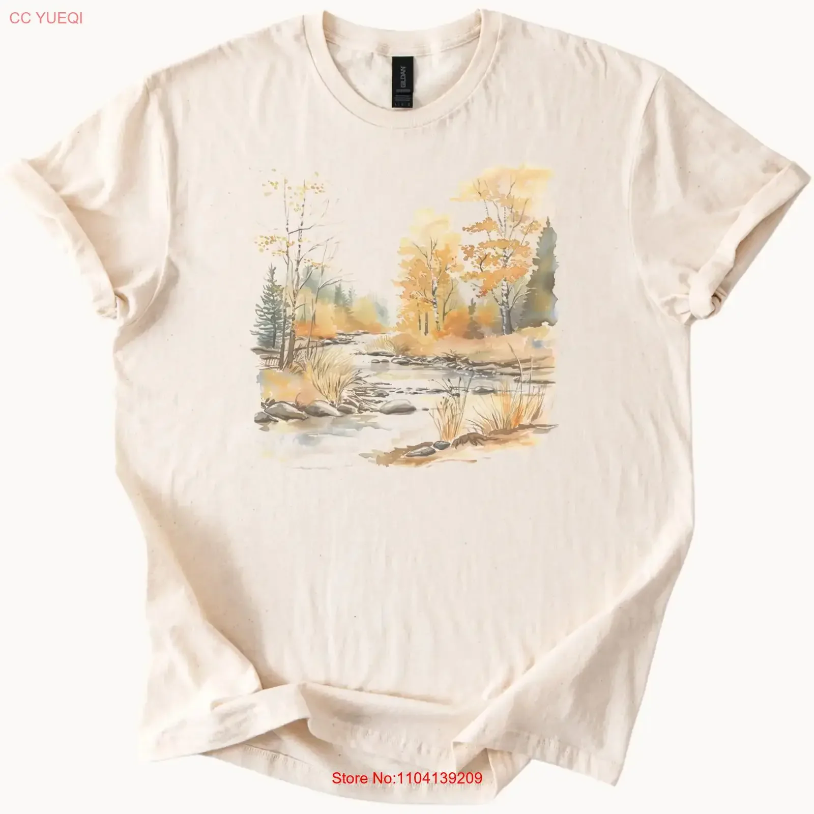 Fall River Scene T Shirt Autumn Trees Watercolor Nature  vintage Washed Breathable Stretched streetwear Versatile Soft