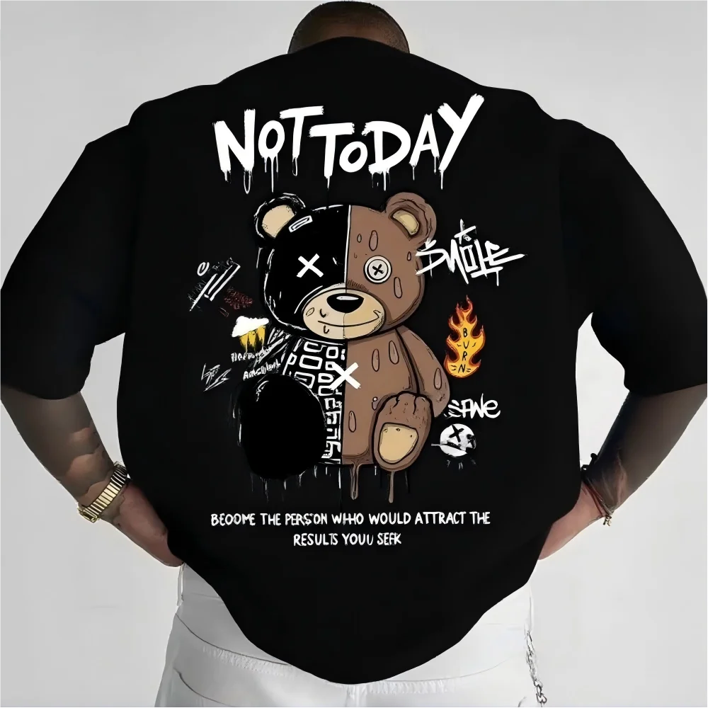 Fashionable Men's Summer Spliced Teddy Bear Letter Print Comfortable and Breathable Round Neck T-Shirt Outdoor Street Top