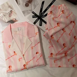 Pink Women's Pajamas Set Dachshund Print Silk Like Thin Two Pieces Long Sleeve Full Length Pants Trousers Sleepwear Spring 39920