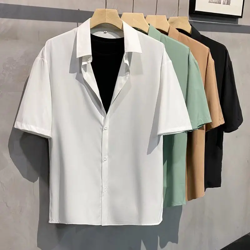 2024 Summer New Korean Ice Silk Short Sleeved Shirt Men Solid Lapel Patchwork Button Cool Breakable Simple Fashion Versatile Top