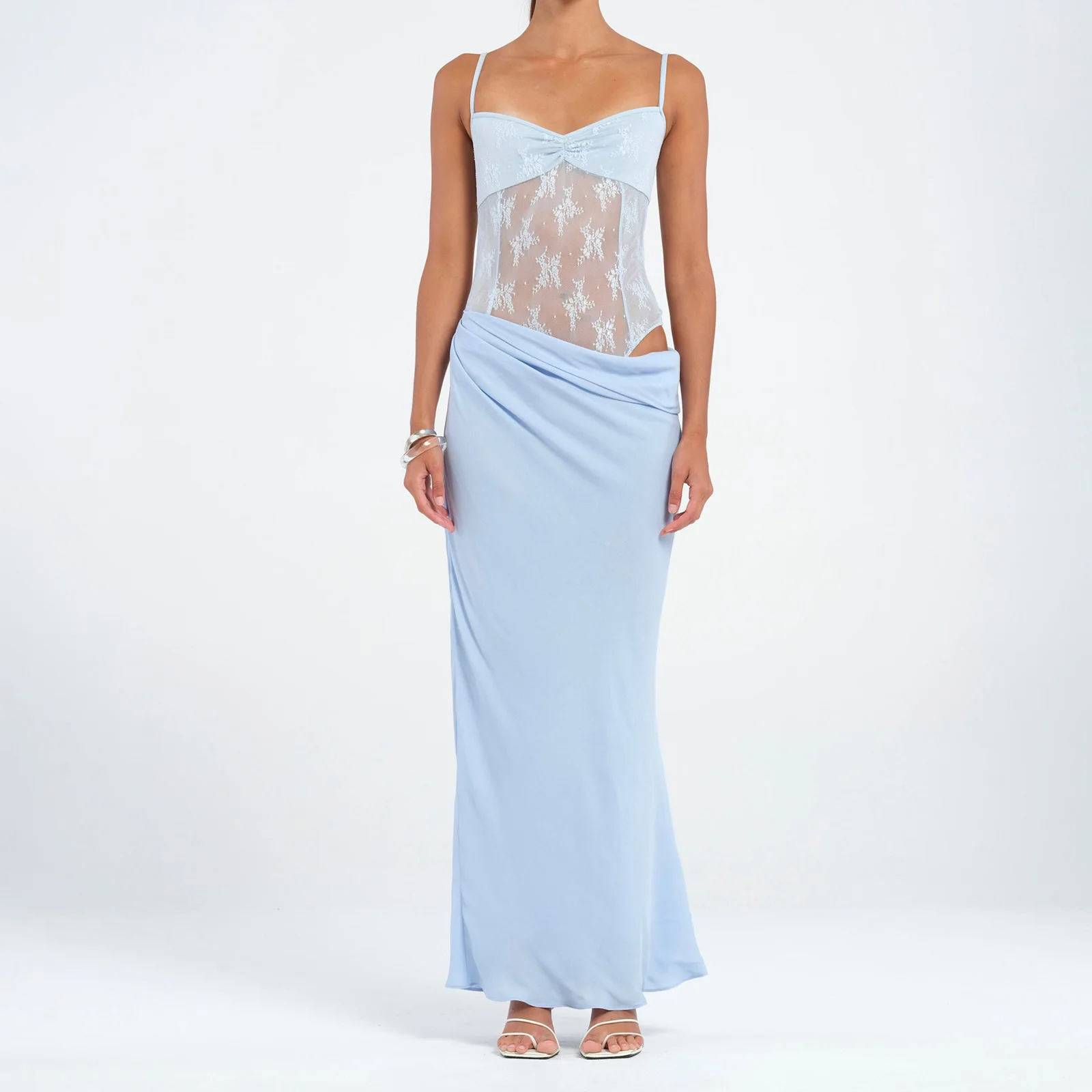 Nuovo abito da donna in pizzo patchwork con scollo a cuore e scollo a cuore, cinturino per spaghetti, abito lungo senza schienale per party club streetwear