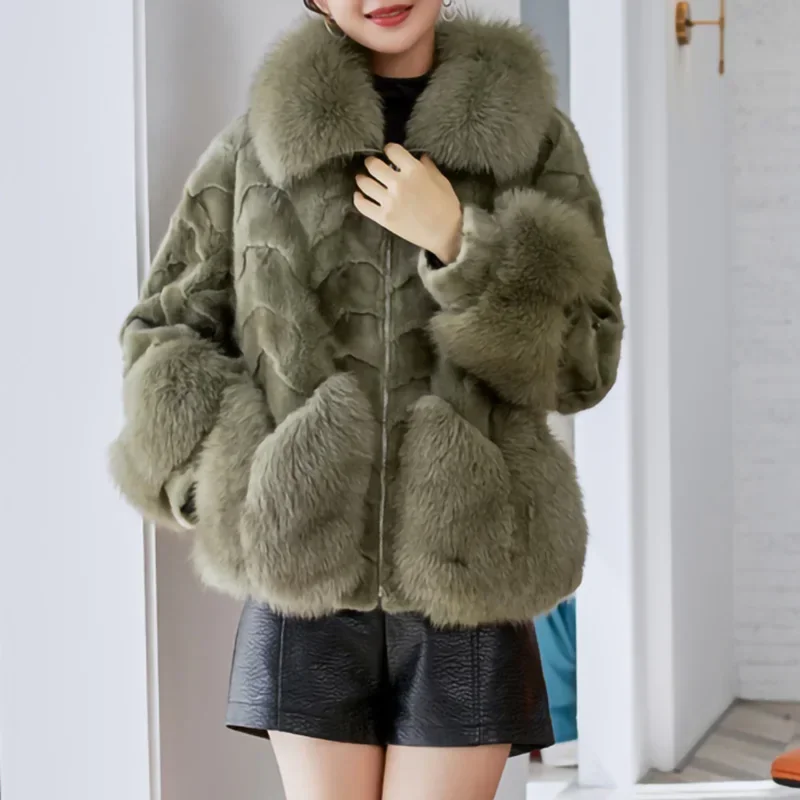 

Women New Design Real Mink Mix Fox Fur Coats Luxury Turn Down Collar Jackets Zipper Jackets S5208