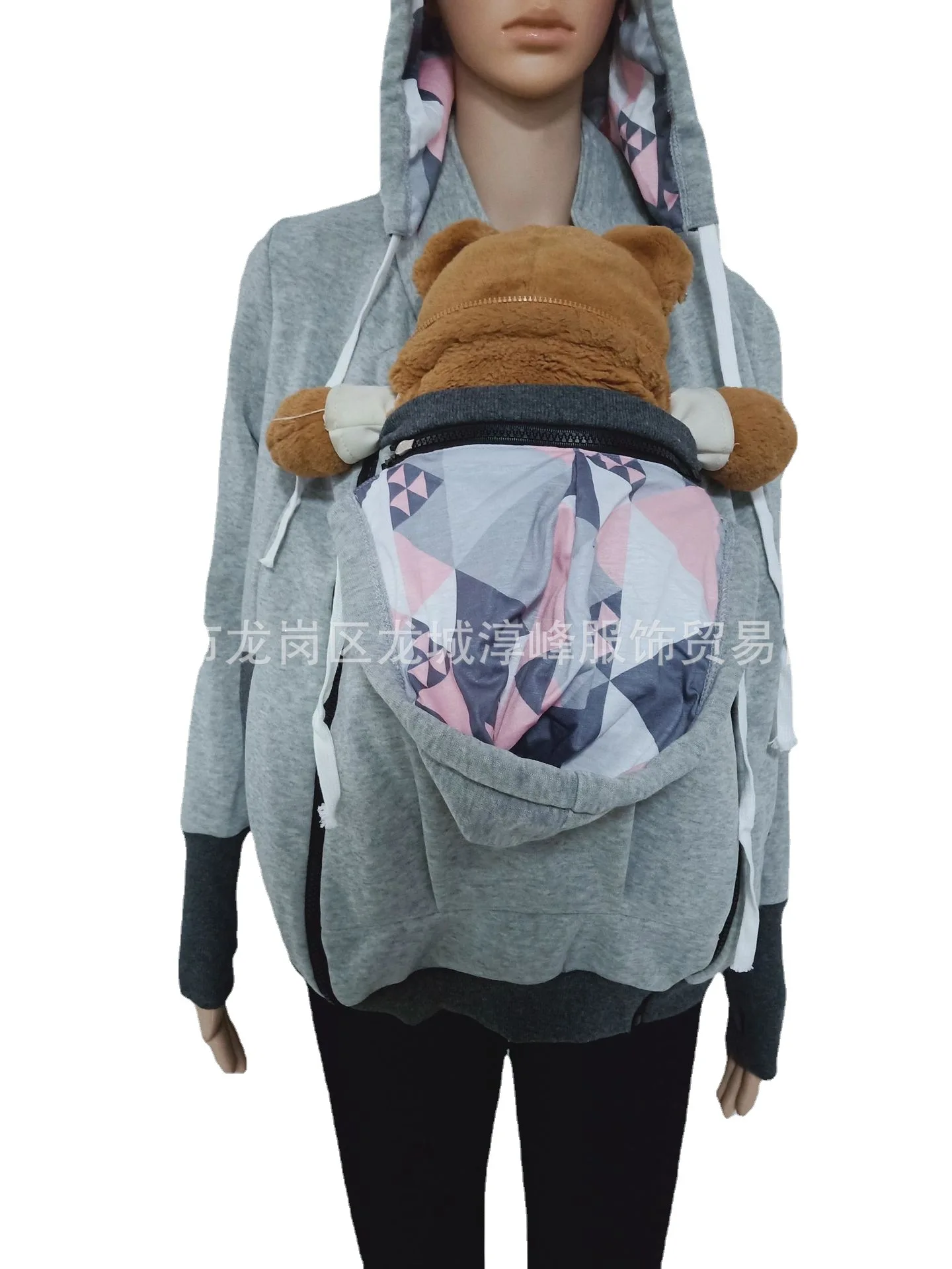 2024 European and American New Explosive Autumn/Winter 2-in-1 Baby Geometric Pattern Hoodie Pregnant Kangaroo Hoodie