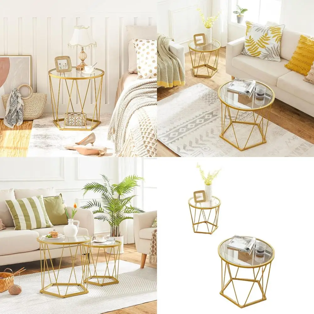 

Пара современных кофейных столиков с золотистой металлической рамой и стеклянной столешницей для гостиной, спальни и балкона