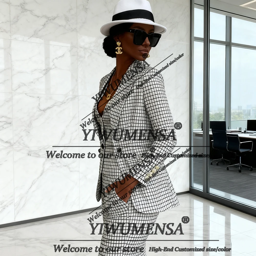 Female Fashion Plaid Check Suits Women 3 Pieces Sets Single Breasted Prom Blazers Customized LadyБрючные костюмы