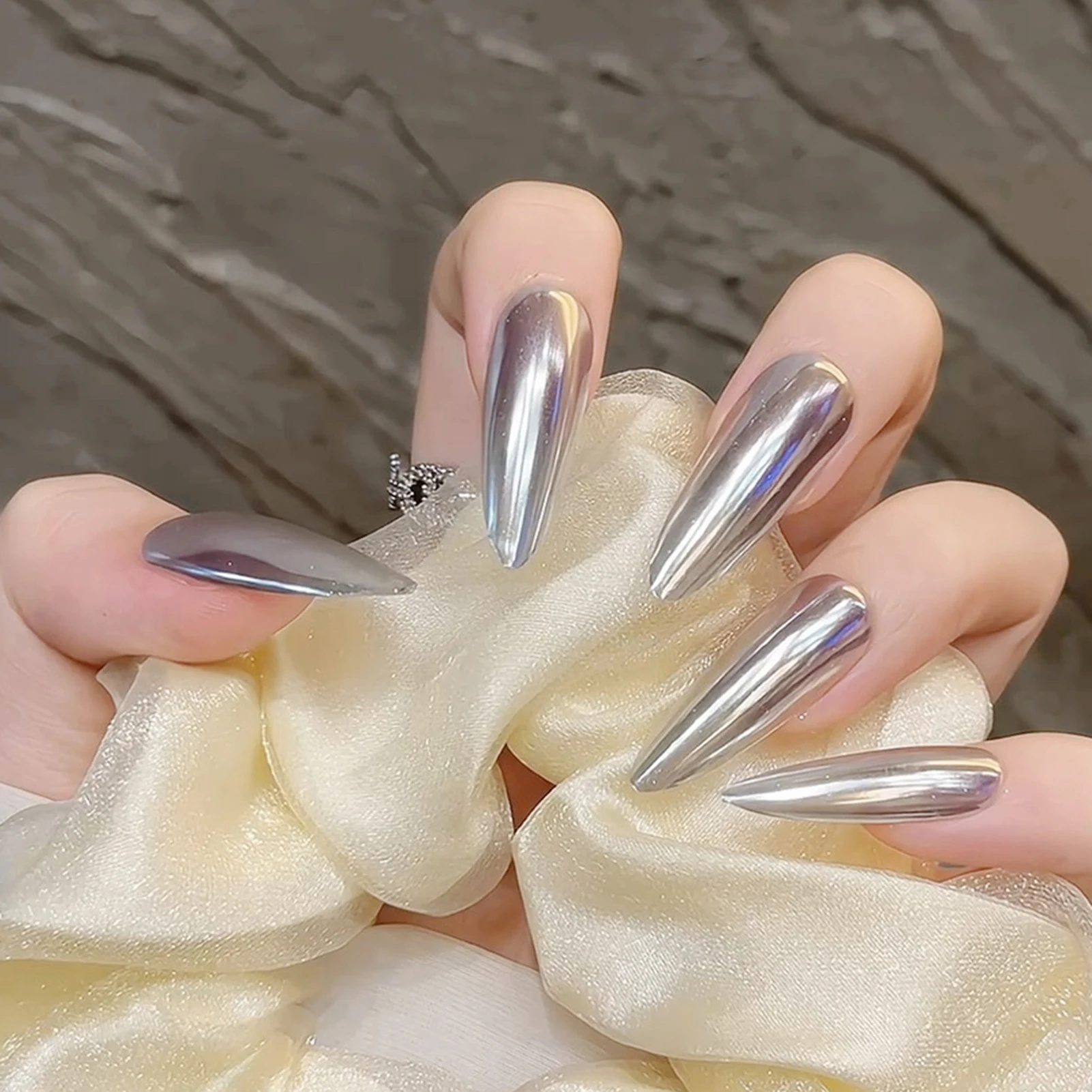 

10pcs Handmade Silver Press On Nails Glossy Long Almond Fake Nail Patches Full Cover Ballerina Wearable False Nail Tips For Girl