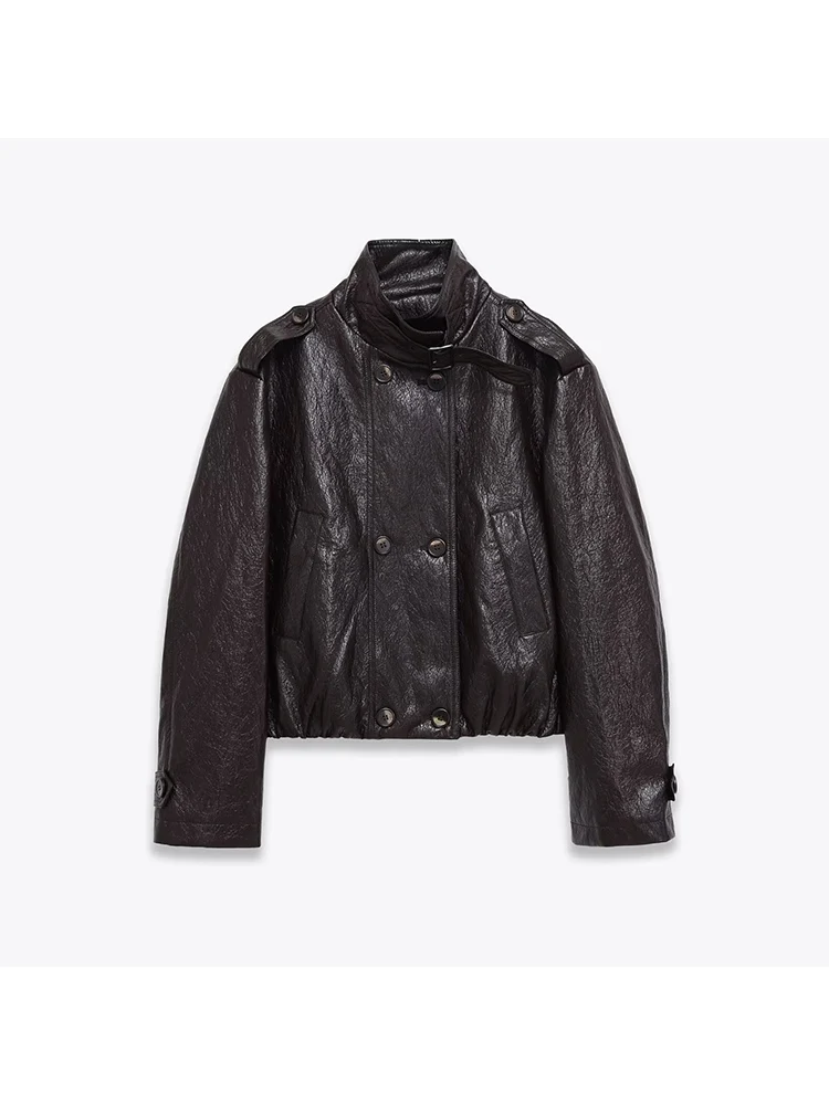 

European style new women's fashionable and versatile solid color double-breasted motorcycle jacket/PU coat