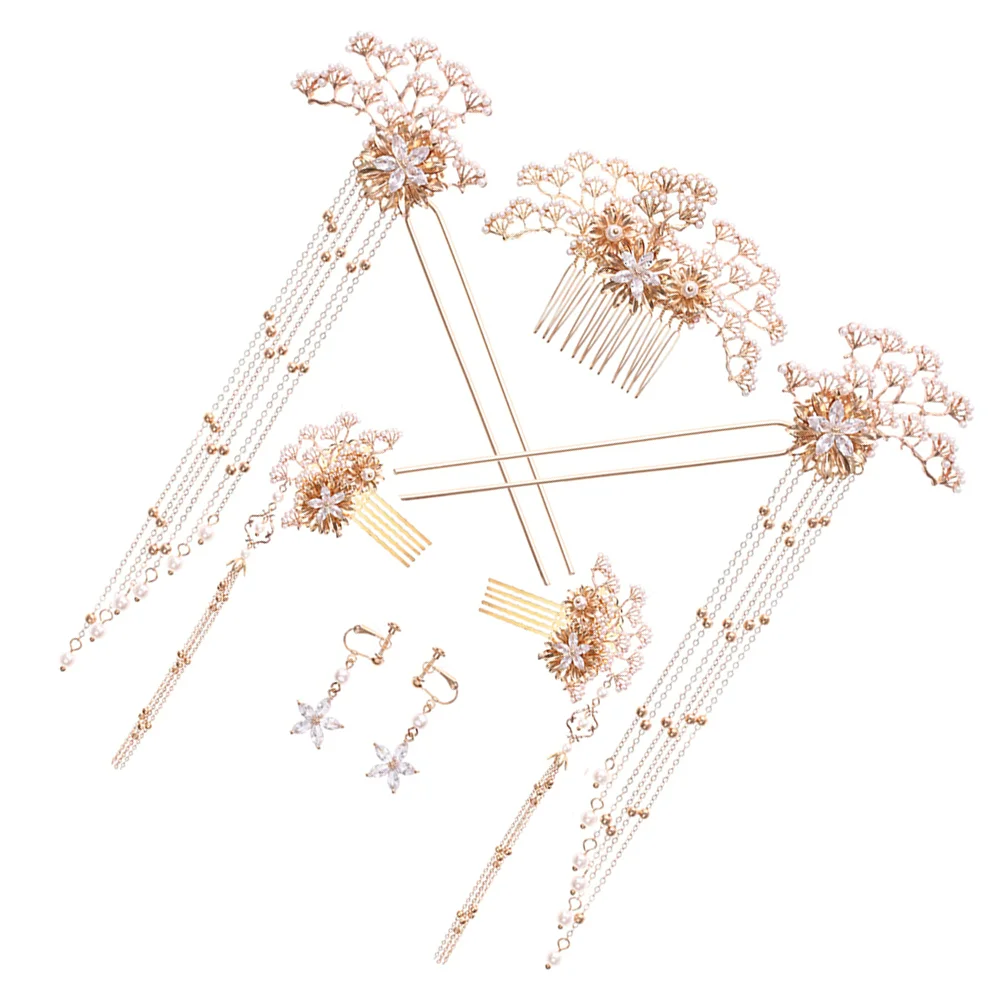 Pearl Hairpin Set Chinese Earring Bridal Stick Wedding Accessory Sticks Tassel Fork Clips