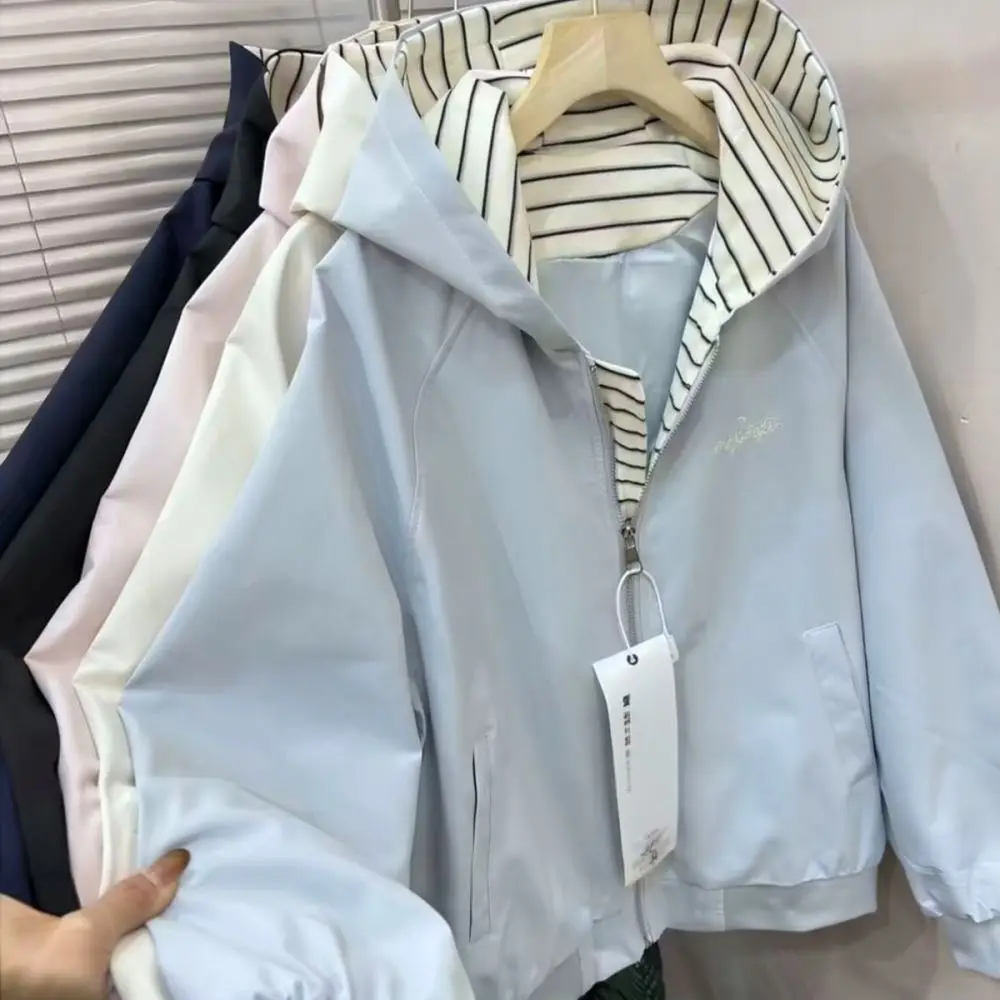 Spring Womens Casual Hooded Jacket Striped Patchwork Zip Up Loose Fit Long Sleeve Fashion College Style Coat