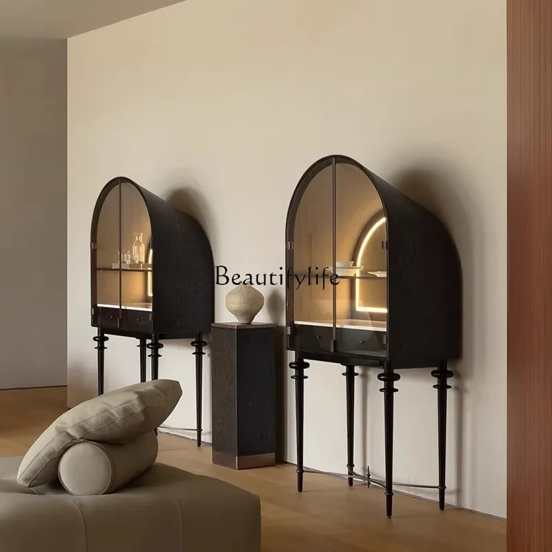 

02 ls 18French retro solid wood wine cabinet minimalist living room storage home decorative vertical cabinet