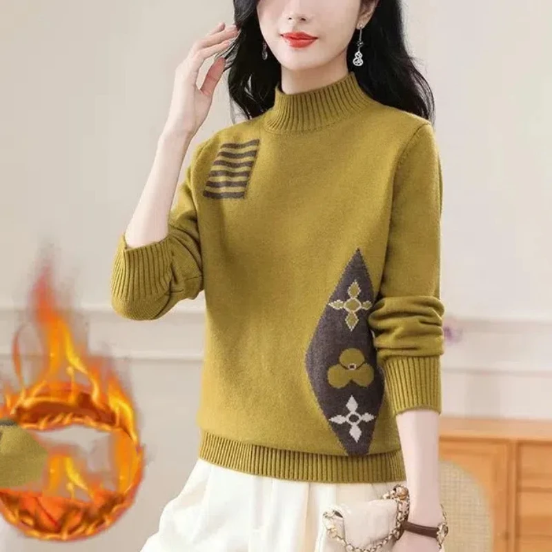 

Women's Clothing Half High Collar Autumn Winter Geometric Contrast Color Pullover Sweater Knitted Long Sleeve Office Lady Tops