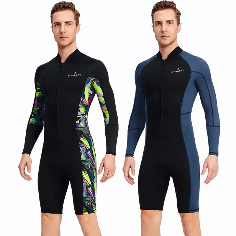 

1.5mm Neoprene Shorty Mens Wetsuit UV-proof Front Zip Lycra Long Sleeves Diving Suit for Underwater Snorkeling Swimming Surfing