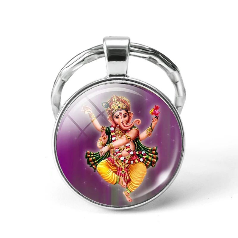 Lucky Indian Elephant Head God Ganesh Keychain Jewelry Glass Dome Cabochon Pendant Key Chain Ring Amulet Family Charm Gift