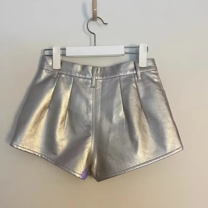 Chic Silver PU Leather Shorts Women Streetwear Slim Waist Sexy Booty Shorts 2026 New Bottoms Summer Pantalones Cortos De Mujer