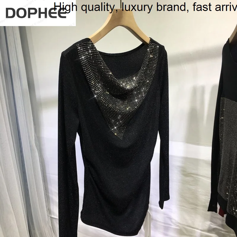 Hot Irregular Hem Drilling Women Basic Shirts Bright Silk Tight Black Long Sleeve T-shirt All-match Autumn Winter Pullover Top