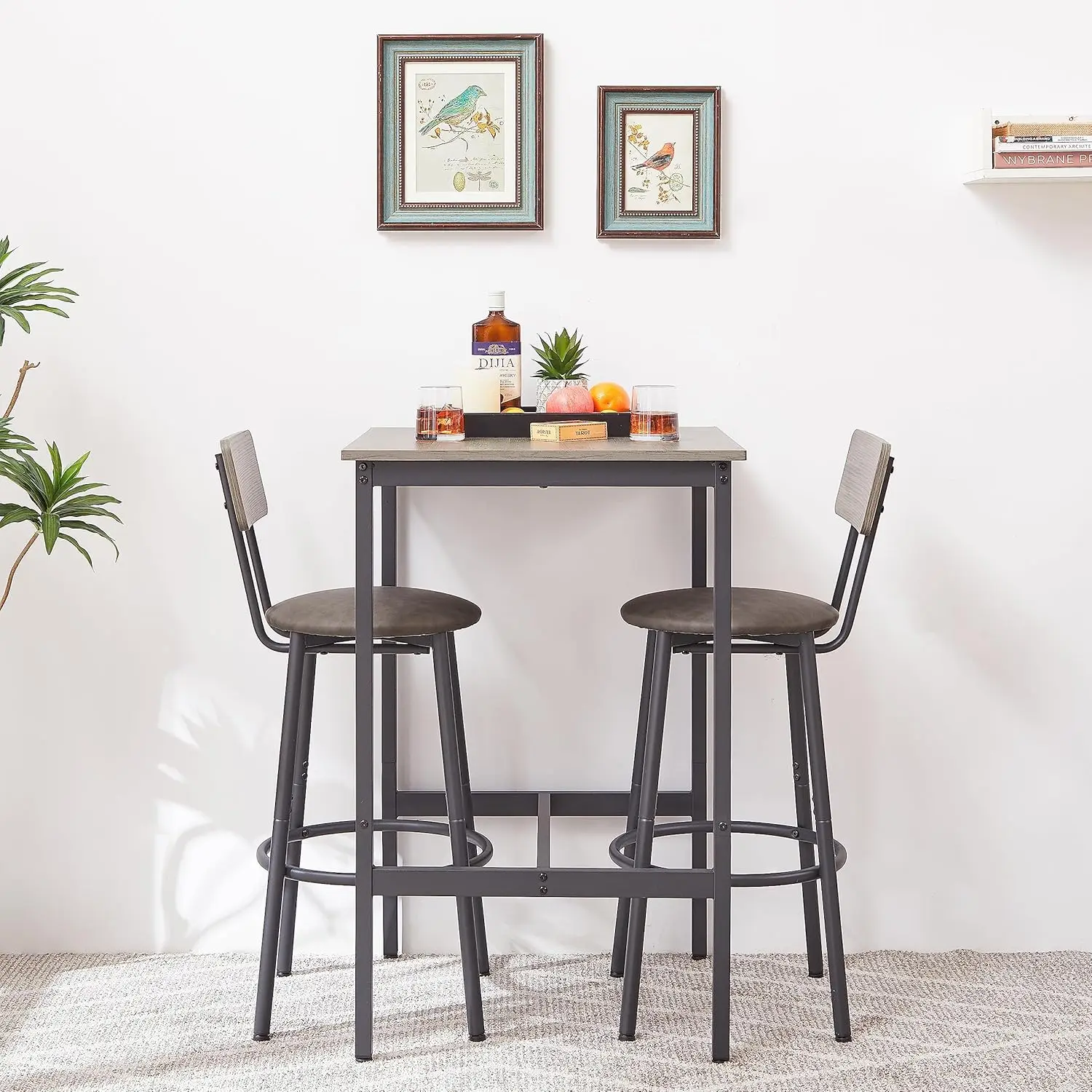 

3 Piece Pub Table Set with Stools for Small Space Industrial Kitchen Bar Table Set for 2, PitchGrey