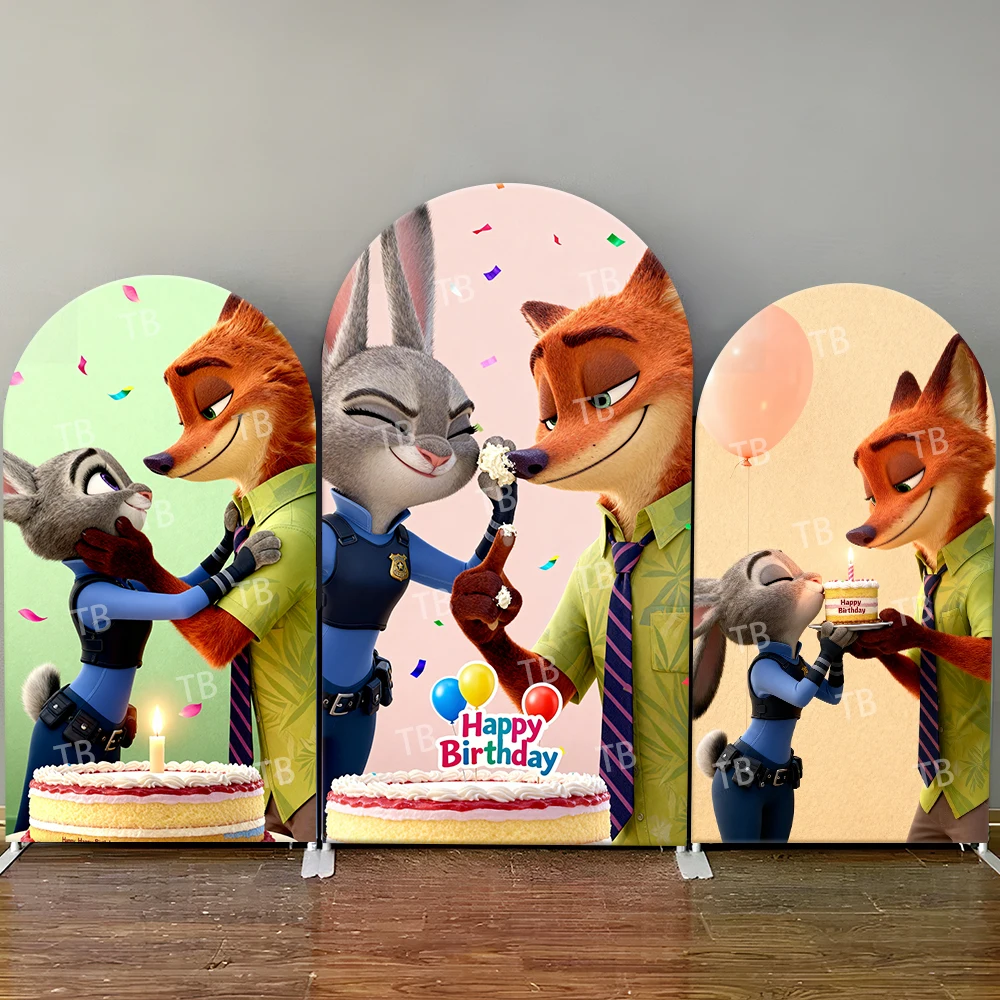 

Disney Zootopia Nick & Judy Birthday Party Arch Backdrop Cover Cake Happy Birthday Decor Photo Booth Prop for Kids Celebrations