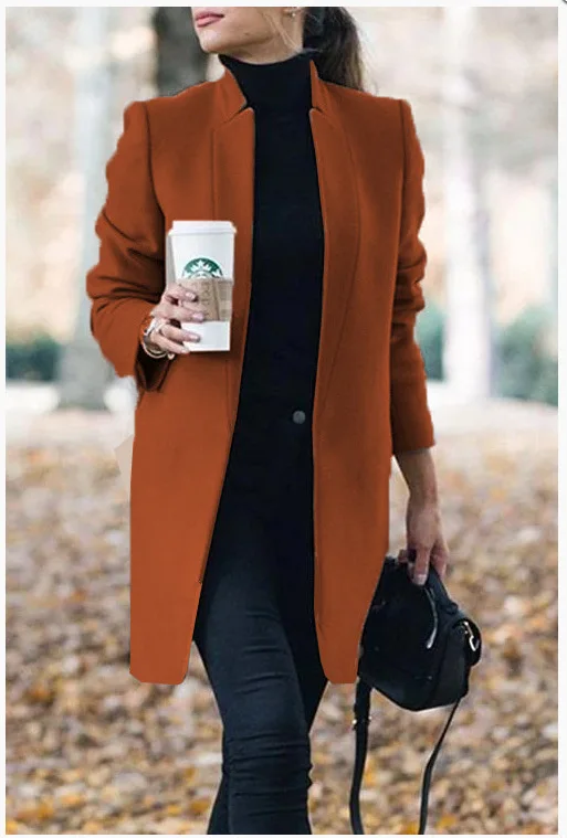 

Office Lady Autumn Winter Women Jackets Blends Solid Color Stand Collar Women Blends Jacket Woolen Long Coat Big Size Cardigan