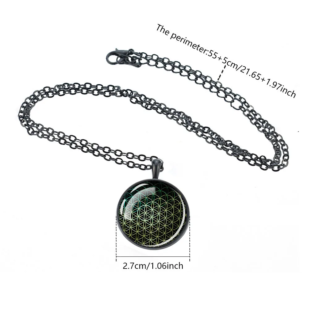 Metatron\'s Cube Necklace for Women Men Sacred Geometry Flower of Life Glass Dome Pendant Black Chain Necklace Meditation Jewelry