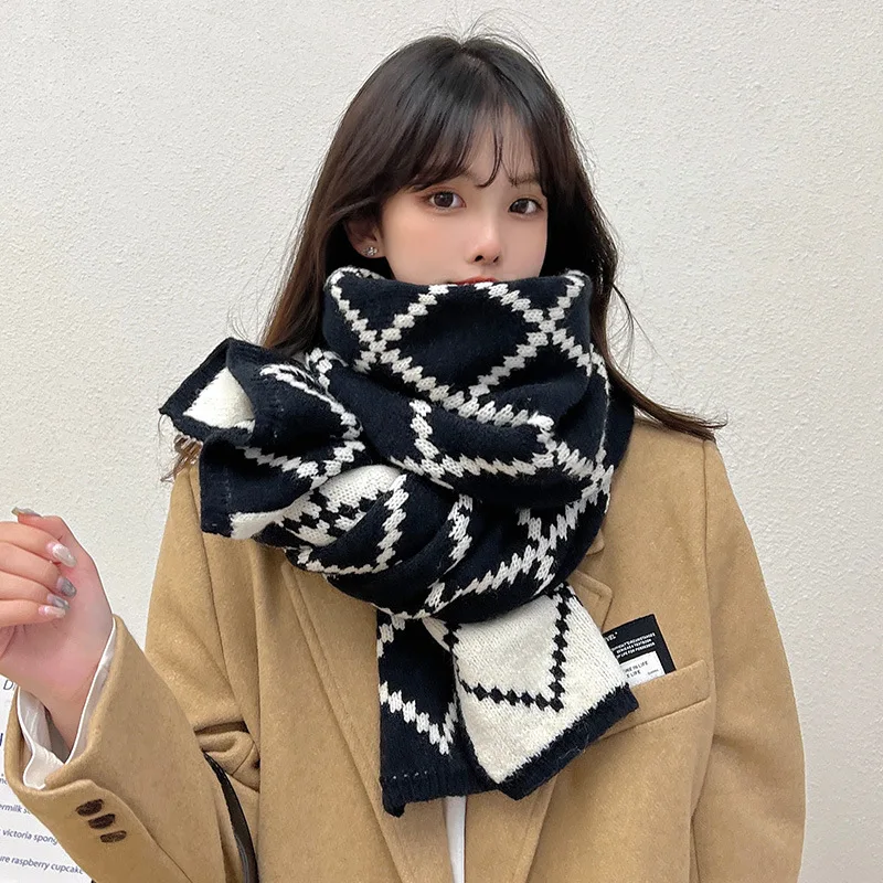 Fashion Diamond Plaid Knit Scarf Long Women Winter Thick Warm Neckerchief Unisex Muffler Birthday Gift