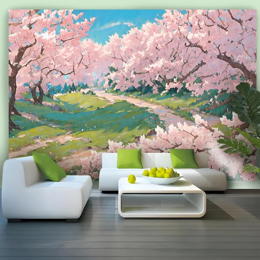 Large Pink Cherry Blossom Spring Garden Mural Wallpaper Backdrop for Living Room Bedroom Home Decor