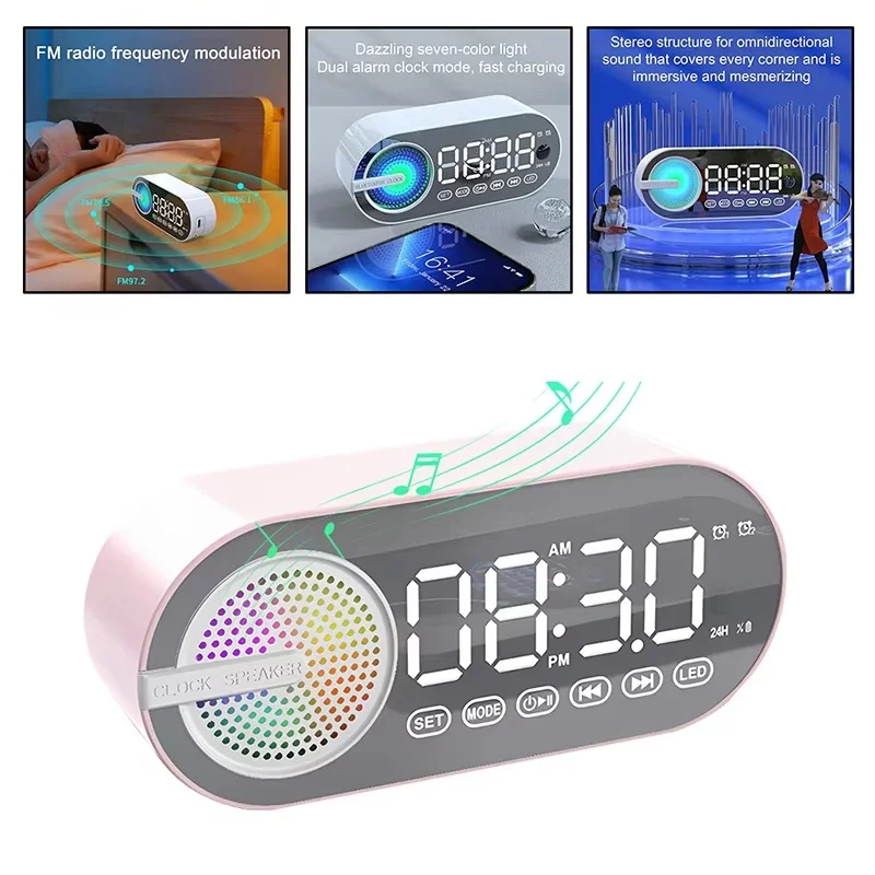 USB-Lade-FM-Radio-Wecker, kabelloser Bluetooth-Lautsprecher, RGB-LED-Spiegel-Digitaluhr für Schlafzimmer, Büro, Desktop-Uhr