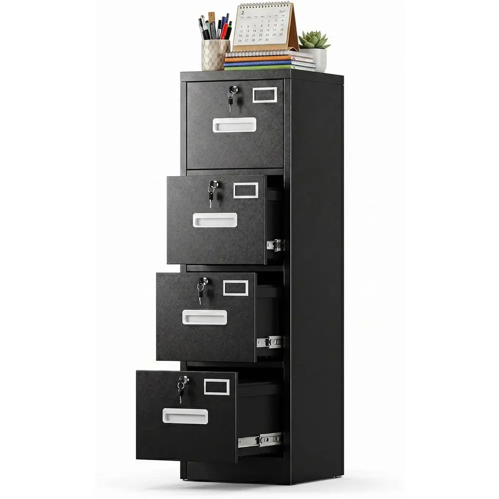 Heavy-Duty Metal Filing Cabinet with Lock and Name Card Slots, Letter/Legal/A4 Size, 17.72 Deep x 14.96 Wide x 55.2 High, Black