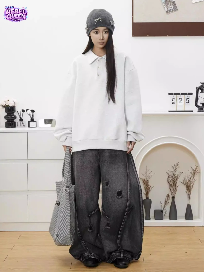 

American Vintage Washed Grey Distressed Baggy Jeans Men Women Wide Leg Parachute Pants Y2K Streetwear Harajuku Outfit Chic Retro