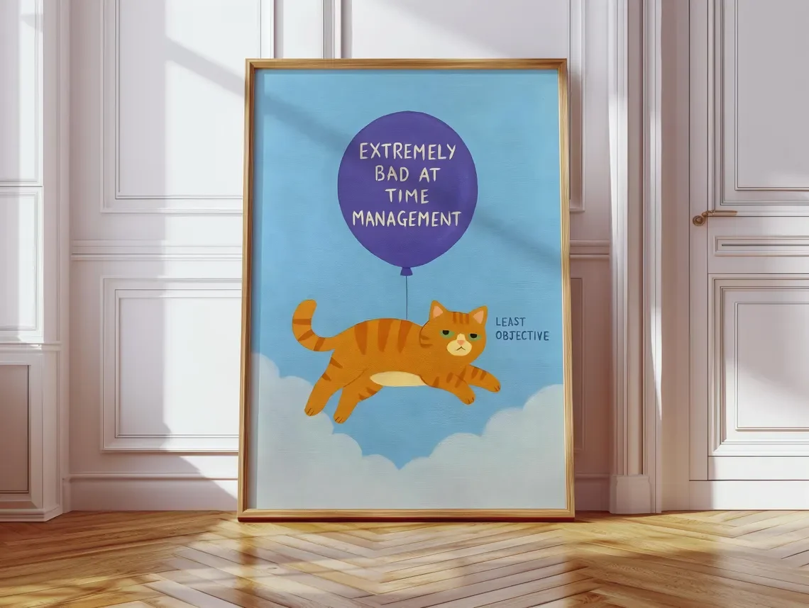 Humorous Orange Cat Wall Print Decor - Whimsical Illustration of a Lazy Orange Tabby Cat Floating with a Purple Balloon, Featuri