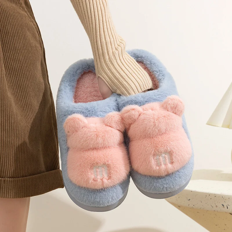 

Newest fluffy bear slippers for women winter warm slides shoes home slippers woman kawaii animal furry shoes room mules slipper