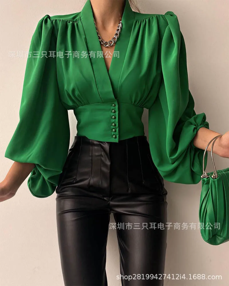 Women Sexy Wrap Deep V-Neck Blouse Vintage 1950s Lantern Long Sleeve Solid Color Buttons Up Slim Fit Cropped Shirts