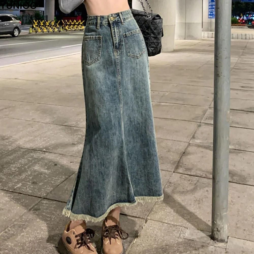 

Classic High Waist Denim Skirt Women Solid Color Chic A-line Half Dress Loose Retro Hairy Fishtail Skirt Beach