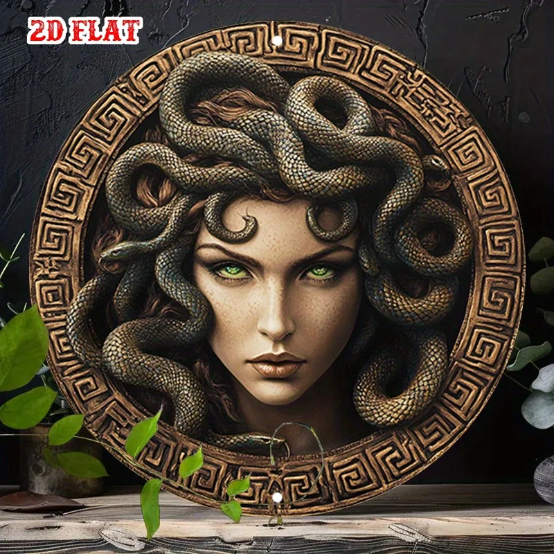 2D Flat 1Pc Rustic Tin Sign Featuring Detailed Of A Woman With Serpentine Hair Round Photo Print For Artistic Beach House Bac-image