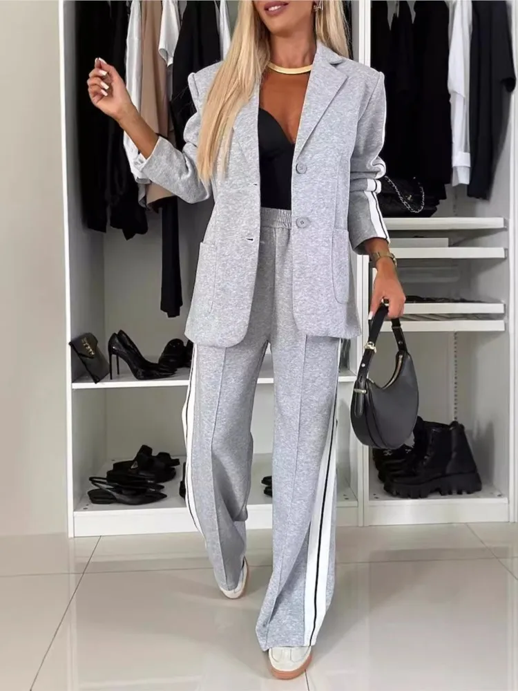 2024 Autumn Winter New Long Sleeves Suit Women\'s Suit Fashion Pimp Stitching Pants Pocket Female Office Blazer 2 Piece Set Lady