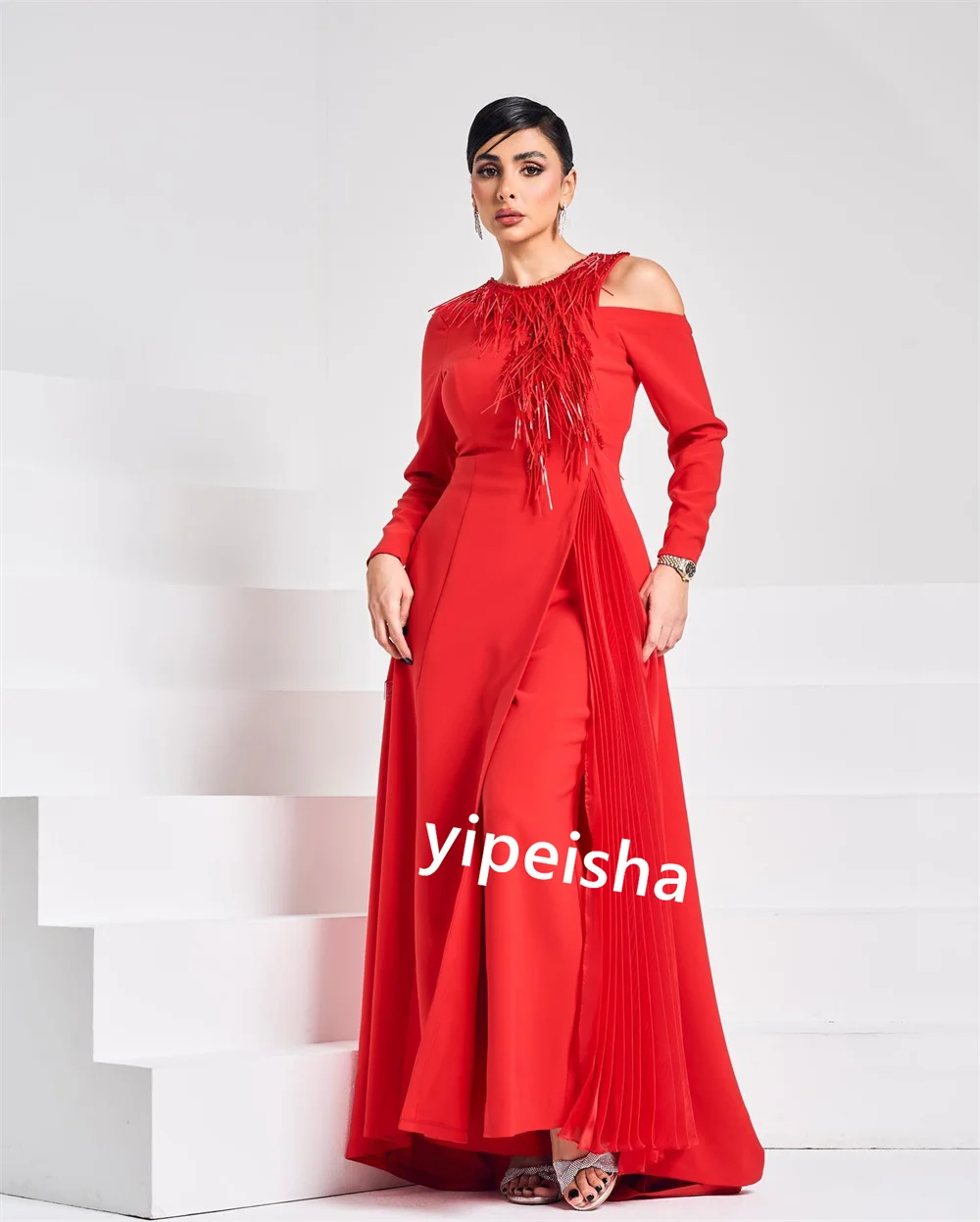 Customized  Satin Feather Draped Valentine's Day A-line O-Neck Bespoke Occasion Gown Long Dresses Saudi Arabia