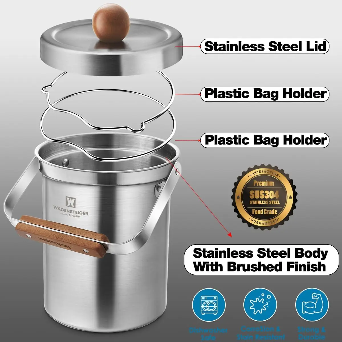 3L Stainless Steel Compost Bin with Airtight Lid, Odor-Free Kitchen Countertop Trash Can, Wooden Handle Design